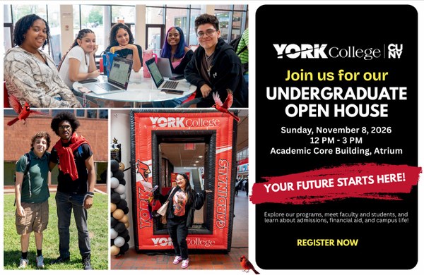 Promotional graphic for the York College Undergraduate Open House on November 8, 2026, inviting prospective students to register.