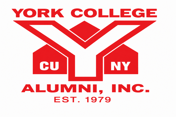 The official logo for York College Alumni, Inc., featuring a stylized red 'Y' shape with the initials CU and NY, and the text 'Alumni, Inc. Est. 1979'.
