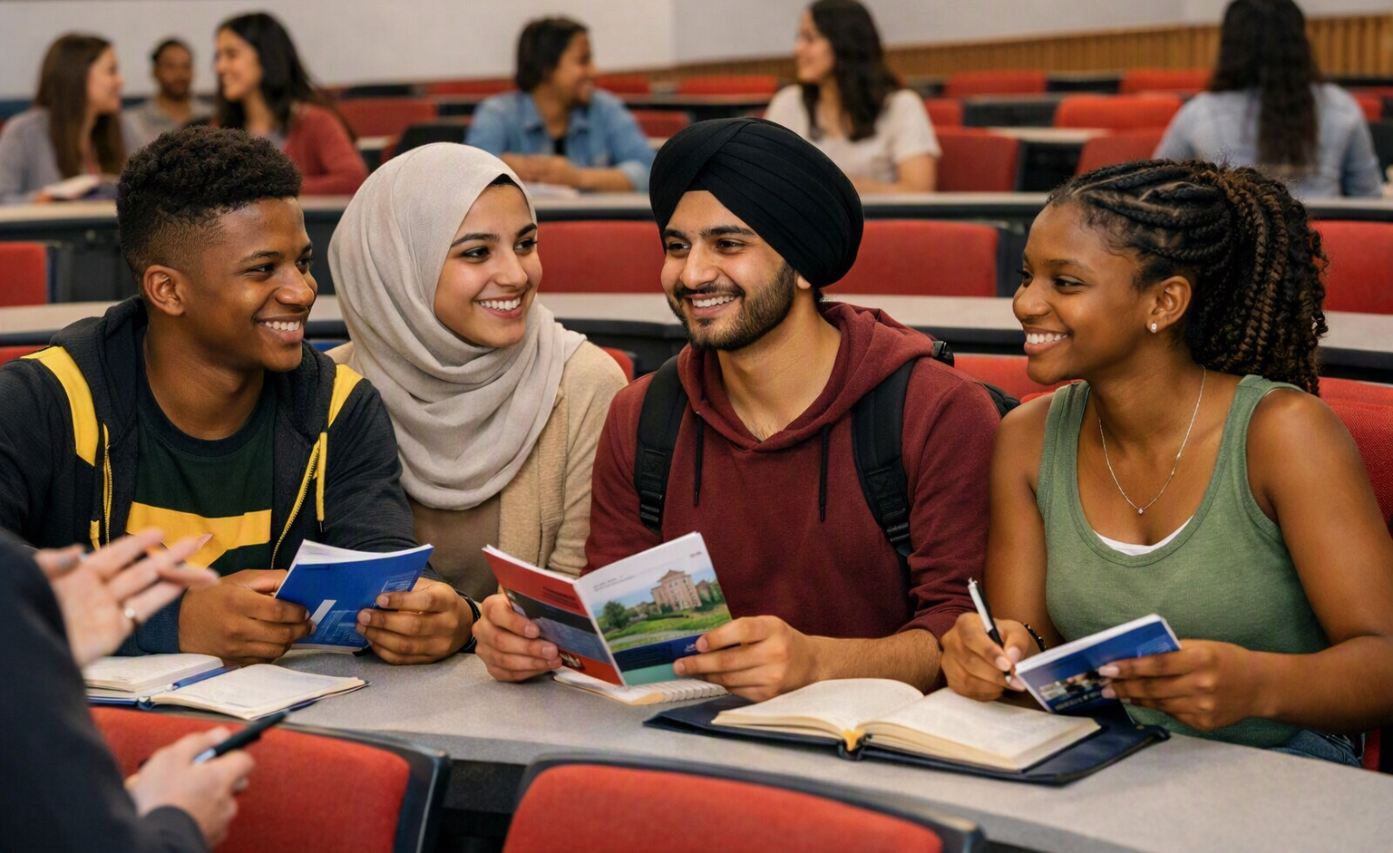 A diverse group of students are gathered around a table, engaged in discussion and studying materials in a lecture hall.