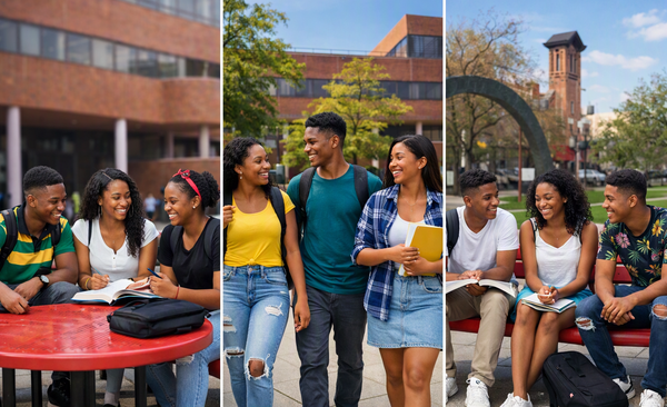 A diverse group of students interact and study outdoors on a sunny day near brick buildings.