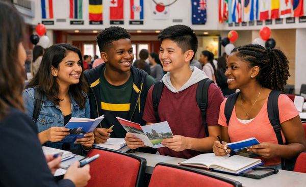 A group of diverse students gather around a table, engaged in discussion and reviewing materials in a bright, modern learning space.