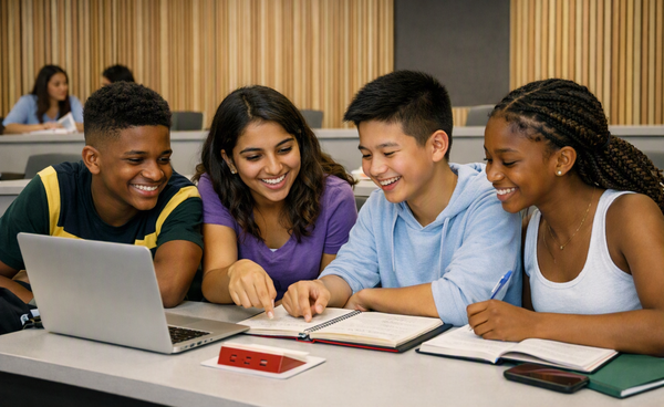 A group of diverse students are gathered around a table, smiling and working together on books and a laptop in a bright learning environment.