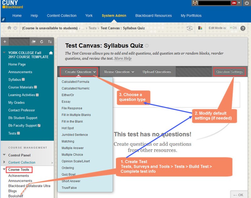 Steps to create a quiz. The text in the orange rectangle shapes indicates the actions you can take.