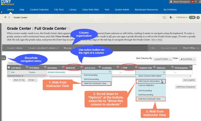 Steps you can take to hide a column in the Grade Center from student view, instructor view, show/hide your course navigation menu.