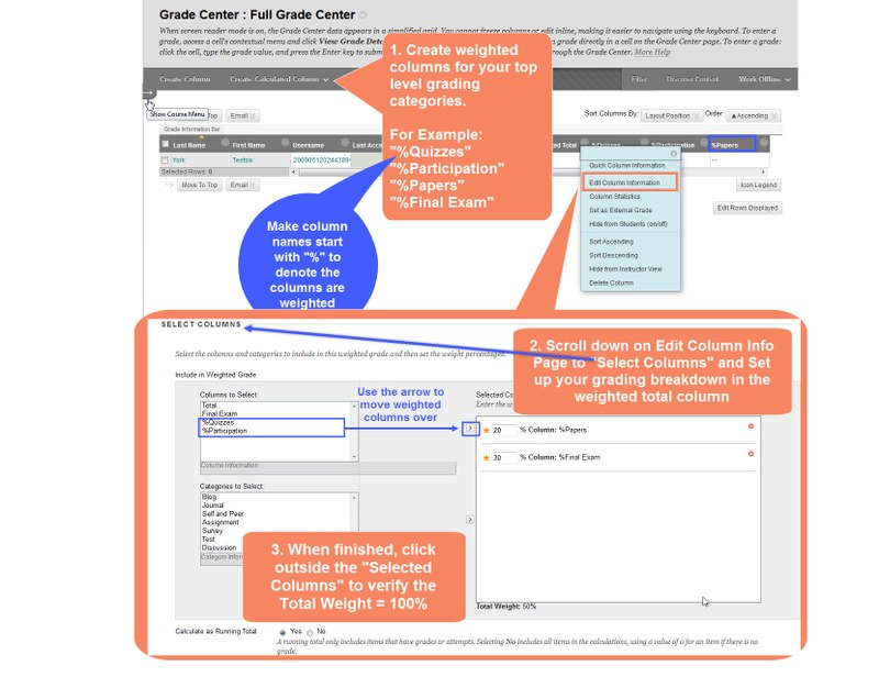 Steps to take to set up your grading breakdown in Blackboard Grade Center.