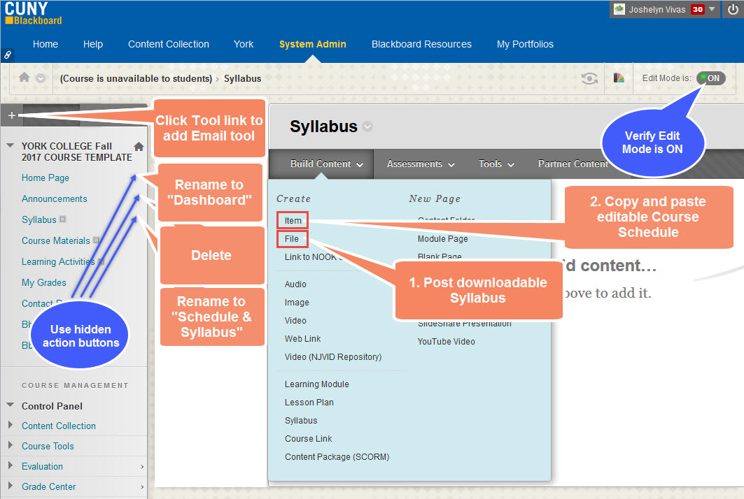 Add, remove, or modify course menu items, post syllabus and other course materials. 