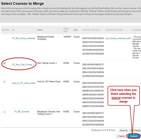 Select source courses to merge
