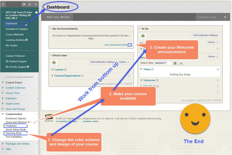 Change the looks of the course, make it available to students and send an announcement.