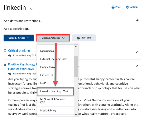 Existing activities drop-down menu