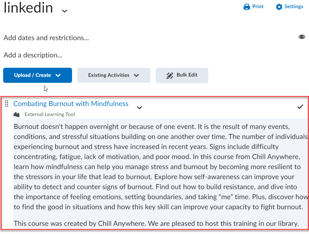 Combating Burnout with Mindfulness LinkedIn Learning content module in Brightspace.