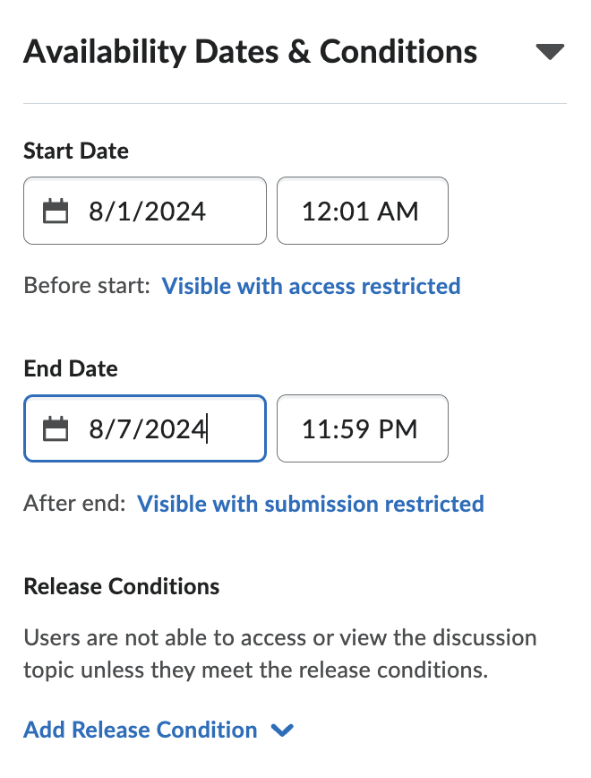Discussion availability settings