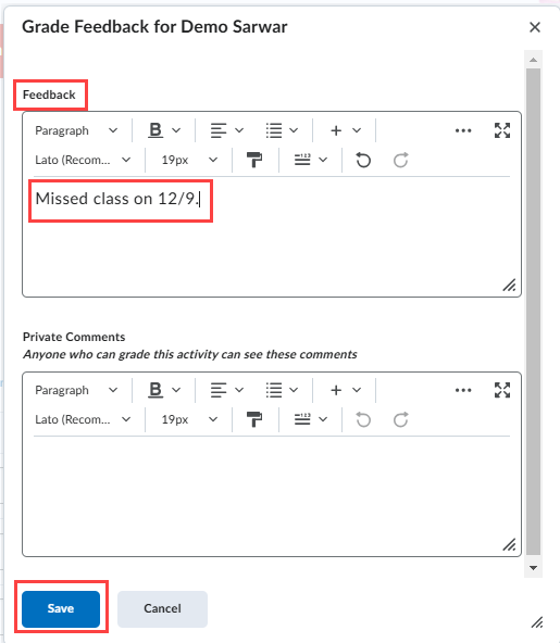 Fill in feedback to student.