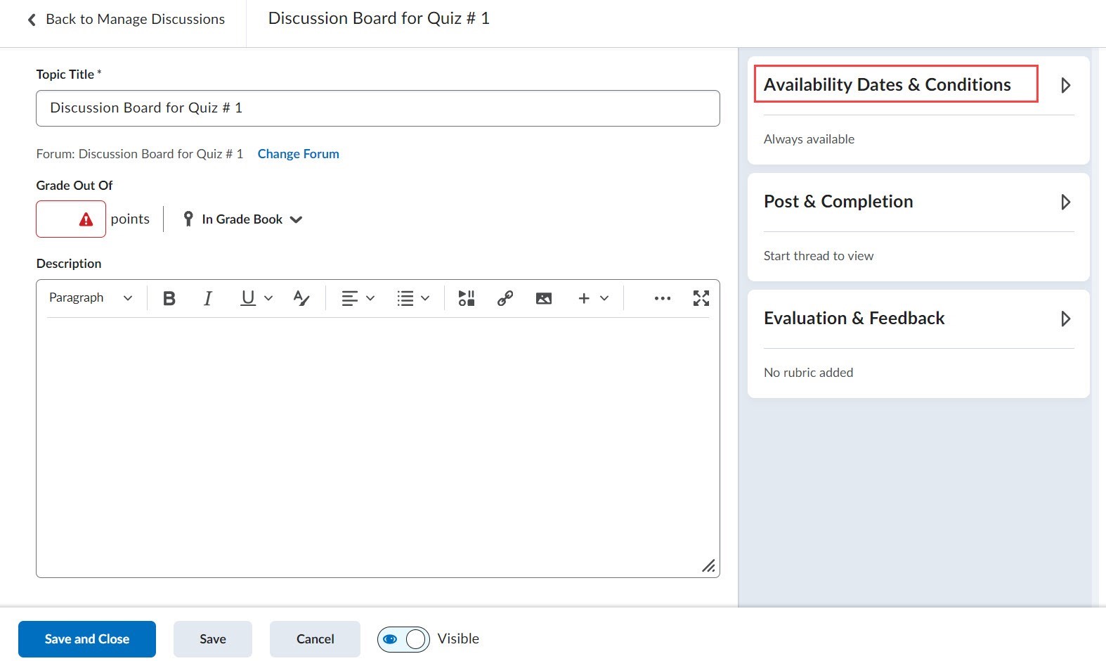 set up availability dates for discussion topic