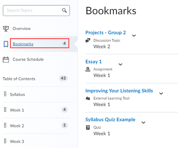 Bookmarks page