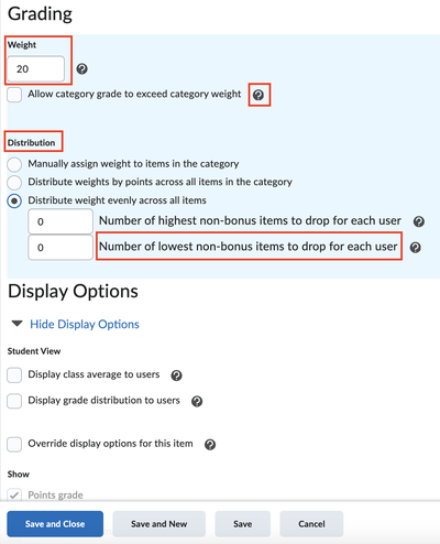 Select settings for a grade category.
