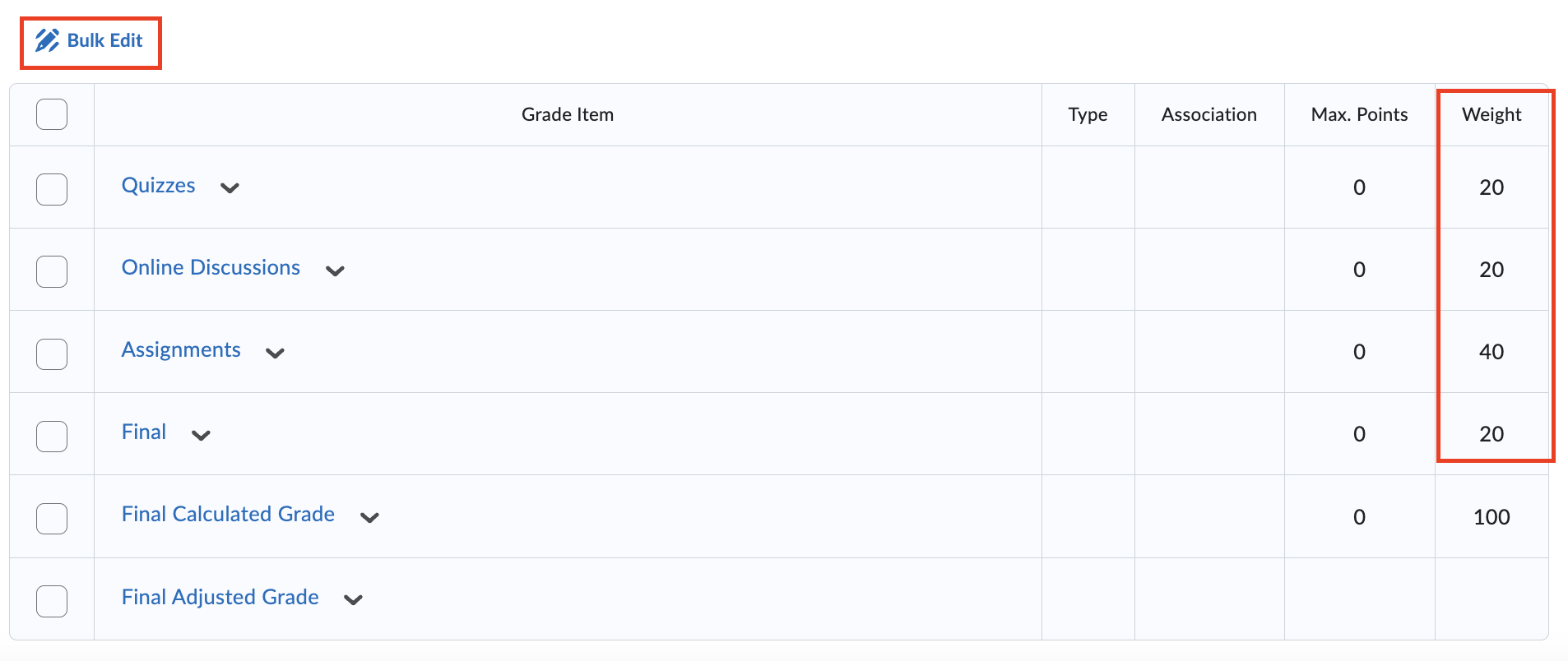 Gradebook categories