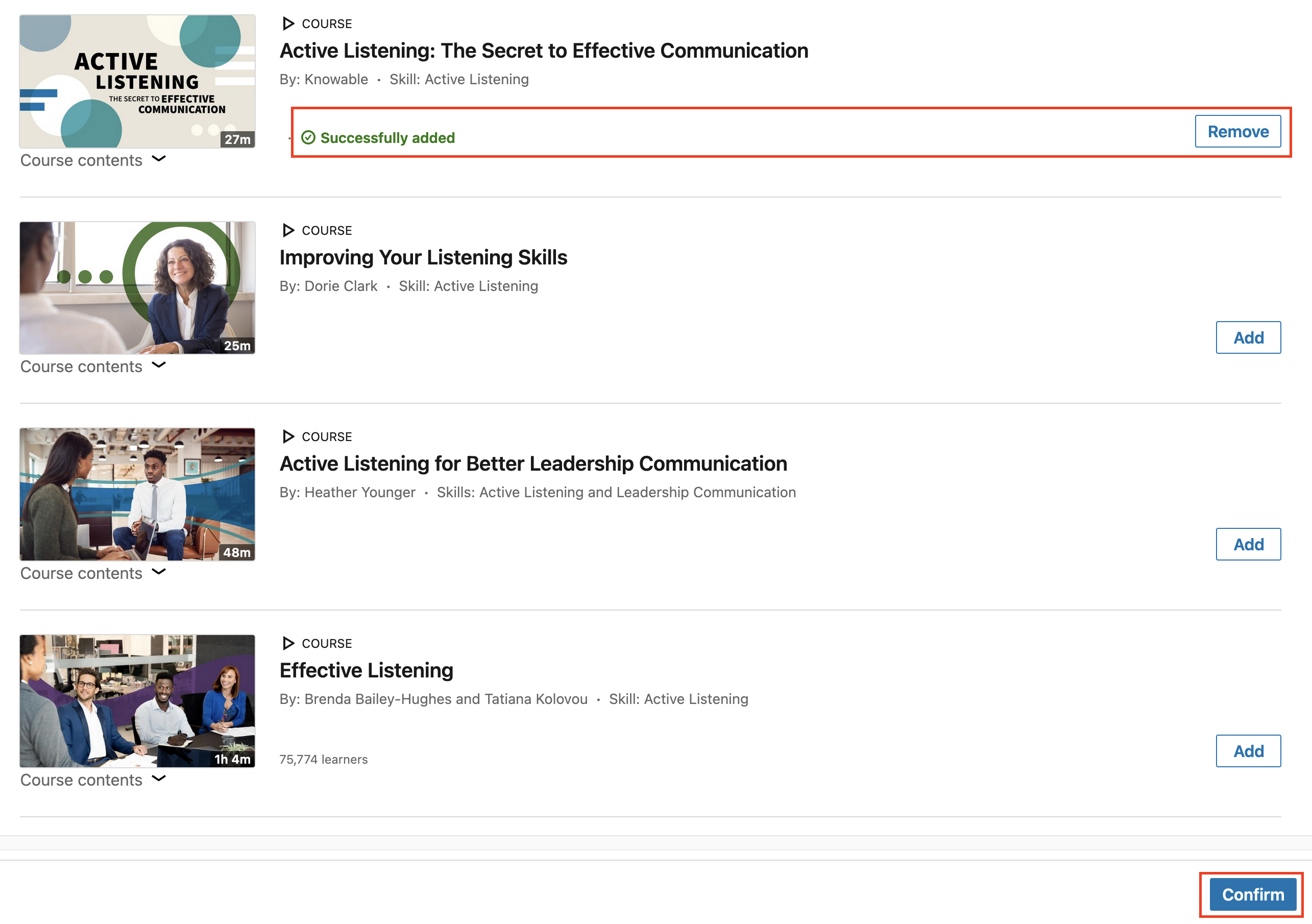 A successfully added notification appears next to the thumbnail of the course. Clicking the confirm button at thee bottom of the page will finalize the process.