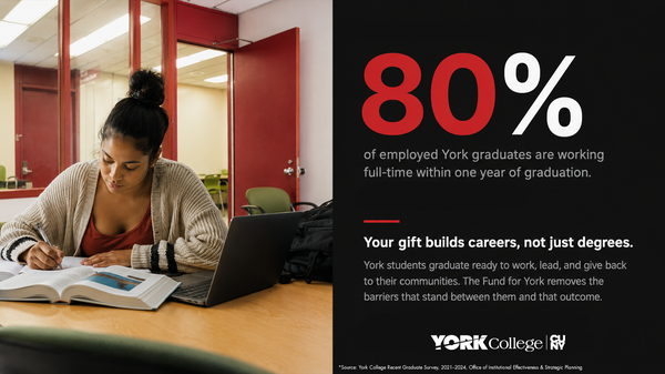 Student studies at a table with books and a laptop beside a statistic stating that 80% of employed York graduates work full-time within one year of graduation.