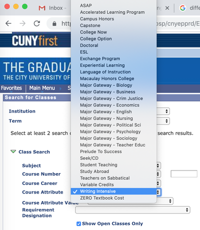 Screenshot of Course Attribute dropdown menu for registering for Writing Intensive course