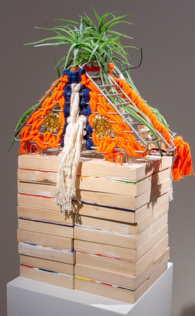 2020, shower caddies, plastic plants, tubing, orange cotton rope, cotton thread, yarn, glass beads, pipe cleaners, unfinished oil paintings on panel.